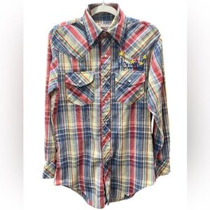 Hand embroidered vintage watchman western wear pearl snap plaid shirt small
